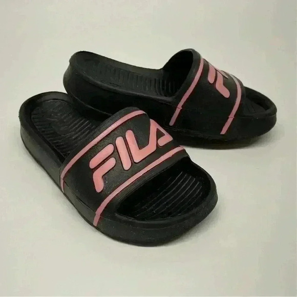 Fila Slide Sandals Black Pink Logo Slip On Flip Flops - Picture 1 of 2